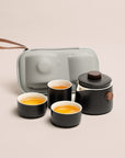 Qi-cha Momento Ink Teapot Set: Ceramic Travel Teapot with 3 Cups & Carry Case